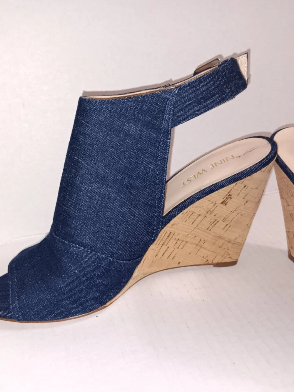 NINE WEST BLUE DENIM OPEN TOE WEDGE SHOES